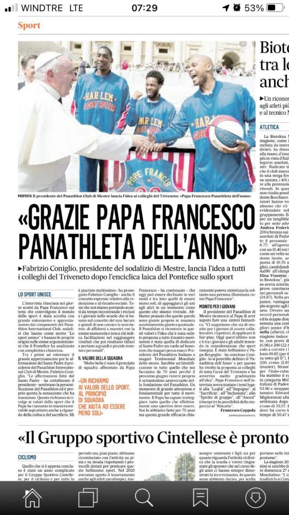 Papa Francesco parla da panathleta nel segno di 