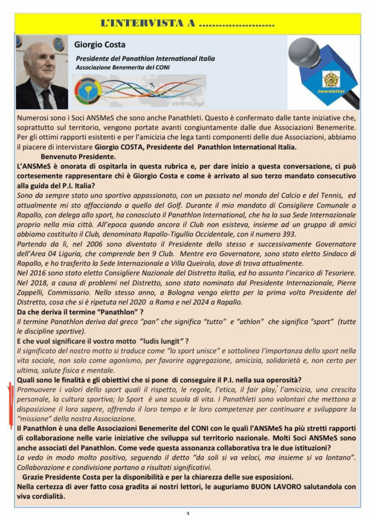 L'INTERVISTA A GIORGIO COSTA, PRESIDENTE PANATHLON DISTRETTO ITALIA
